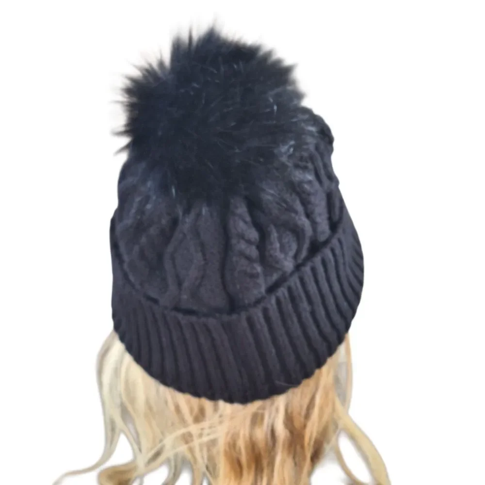 Women's Beanie Hat Black Cable Knit with Fuzzy Pom Pom Top Plushy Lining OS